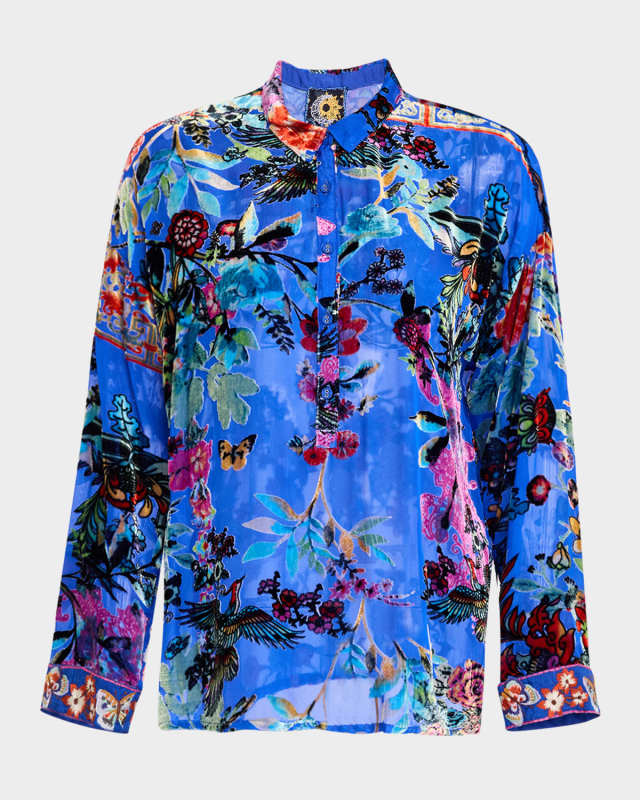 Seline Floral Flocked Button-Down Blous